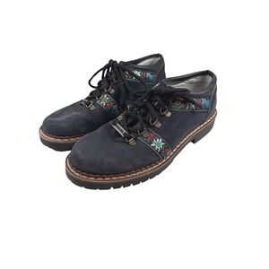 Folkloric Suede Swiss Style Hiking Boots 42 Black Embroidered Tyrolean Gorpcore